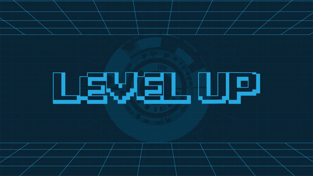 LEVEL UP. digital art for game assets.Retro Futurism Sci-Fi Background. glowing neon grid from vintage arcade computer games