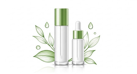 Naklejka premium Two glass cosmetic bottles with green caps and leaves for skincare or wellness product packaging design