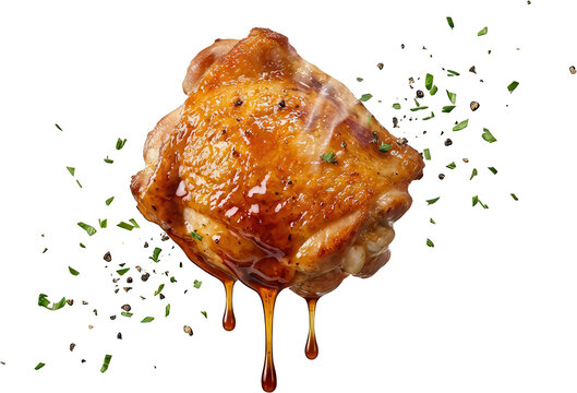 Juicy roasted chicken thigh dripping with savory glaze seasoned with herbs and pepper presented elegantly for culinary appeal seasoning cooked meat food protein gourmet delicious