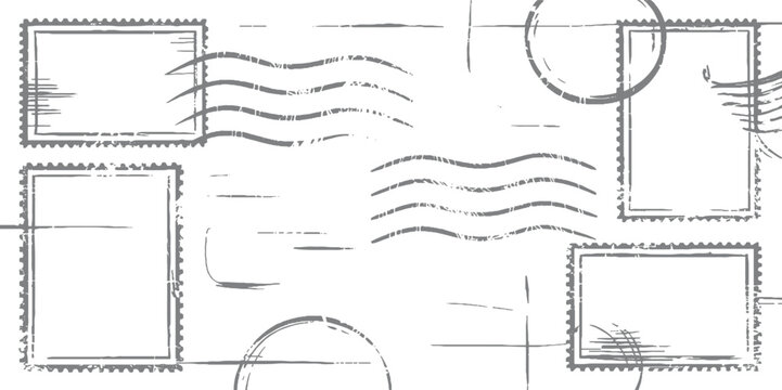 Collection of grey postage stamp outlines and wavy lines on white background mail envelope
