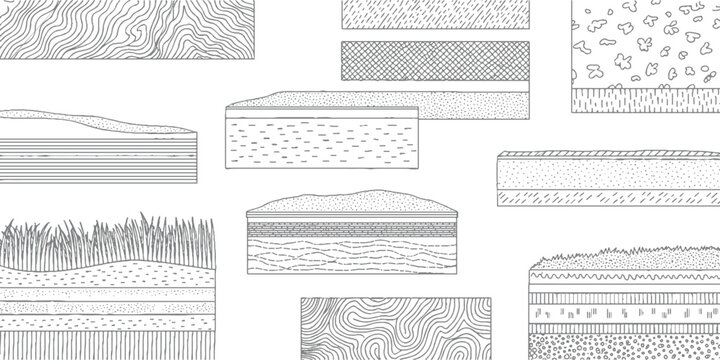 Various geological soil strata layers and cross sections with different textures and patterns geology