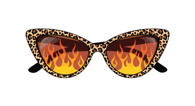 Leopard print cat-eye sunglasses with vibrant orange and yellow flame patterns on the lenses are centered against a solid white background.