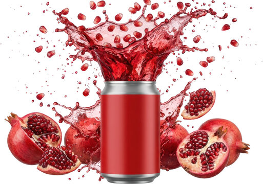 A vibrant explosion of red pomegranate juice splashes out of a blank red can surrounded by fresh pomegranates and arils drink fruit beverage refreshment liquid burst healthy