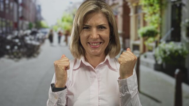 Woman with blonde hair in pink shirt covers eyes with hands on city street in daylight; joy playful excitement.