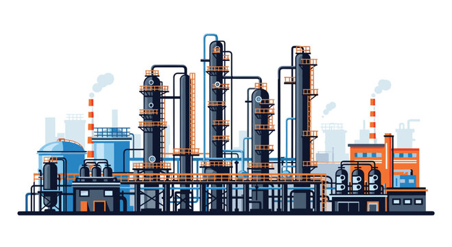 A colorful flat illustration of a large industrial oil refinery with dark blue towers and orange platforms.