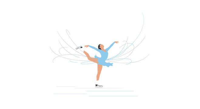 A female figure skater wearing a blue dress performs a graceful leg extension pose on a white surface surrounded by abstract blue swirls.
