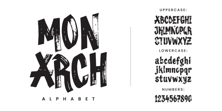 Monarch vintage rough display font with grunge texture and blocky woodcut style for retro badge label apparel design