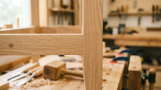 Close-up of handcrafted wooden furniture frame in sunlit workshop, sawdust and chisels scattered on the workbench during careful carpentry process

