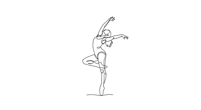 A minimalist continuous line drawing of a female ballerina performing a graceful dance pose on a white background.