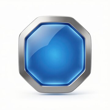 Blue Hexagon Button Icon with Metallic Silver Frame on White Background