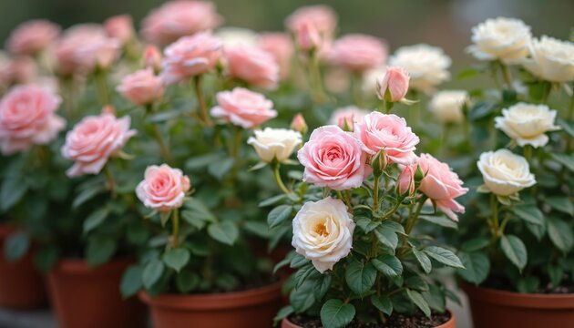 Pink and white roses bloom in brown pots at a garden center. Rich green leaves and flower buds surround the delicate petals. Plants are ready for sale.