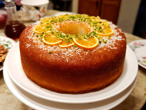 Homemade Coconut Basbousa with Pistachio Topping.
