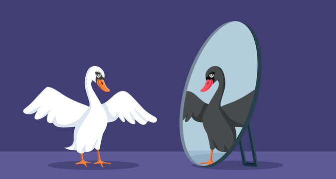 White Swan Looking in the Mirror Seen Black Swan Illustration. Visual metaphor of an alter ego and transformation of one self into someone new