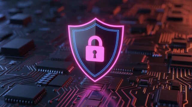 Digital circuit board background with glowing pink shield and padlock at center, symbolism of cybersecurity, secure communication, data protection, safeguarding systems in technological realm.