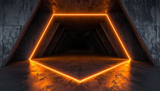 Futuristic Concrete Sci Fi Tunnel with Glowing Orange Neon Pentagonal Frame and Dark Industrial Architecture in Deep Underground Corridor