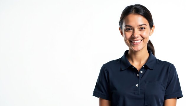Young woman in dark blue polo shirt smiles. Professional portrait shot in studio with white background for copyspace. Confident female person looks friendly and approachable for business use.