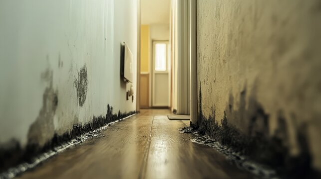 A side hallway with black mold creeping under skirting .