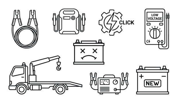 Automotive battery maintenance and emergency service icon set including jump cables and tow truck