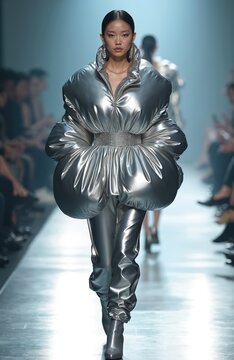 Asian model walks runway in metallic silver puffer outfit. She wears high fashion designer clothes at style event. Glamorous woman shows haute couture garment, modern elegant fashion.