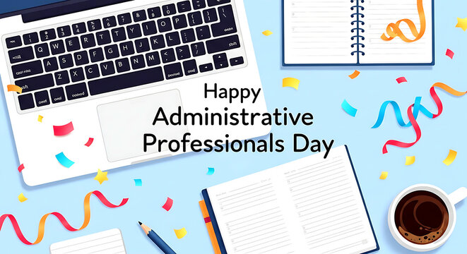 Happy Administrative Professionals Day celebration with office supplies flat lay