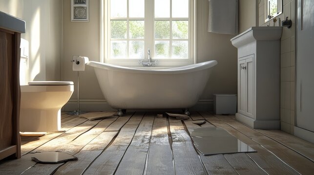 A side bathroom with buckling floorboards due to unseen leakage .
