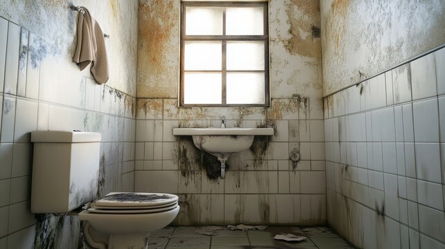An old restroom with mold under sink and cracked ceiling .