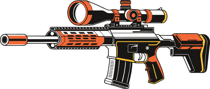 a black silhouette of a ak47 on a white background, black, drawing, gun, silhouette Isometric modern ak47 rifle with wood detailing and metallic finish