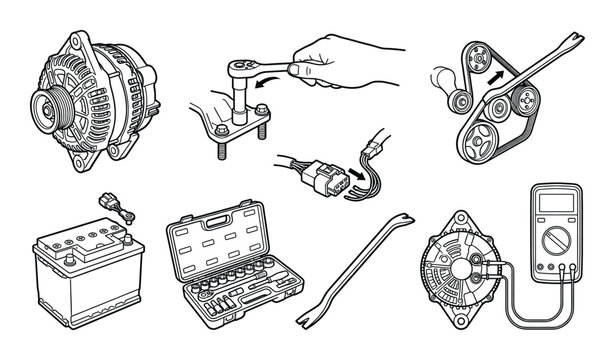 Alternator testing and drive belt removal guide featuring multimeter tool kit and pry bar diagrams