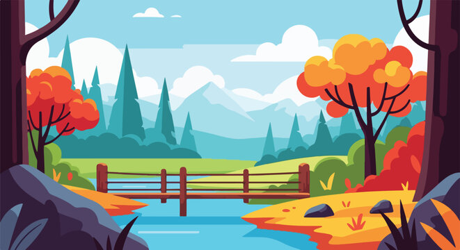 Scenic illustration of a serene landscape with a bridge over water