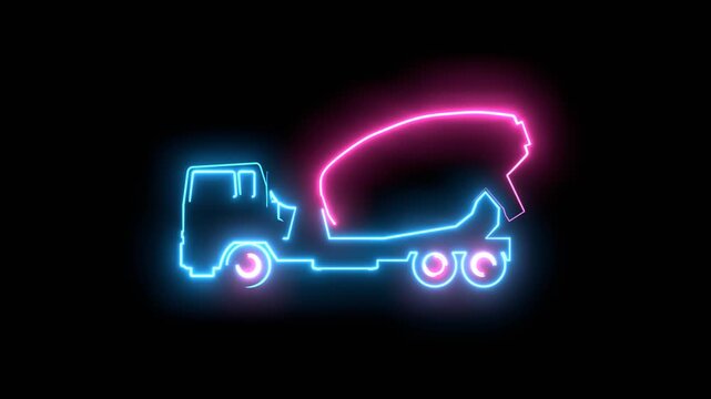 Concrete truck or cement mixer icon. Industrial machinery. Neon glowing. Construction vehicle outline emblem.