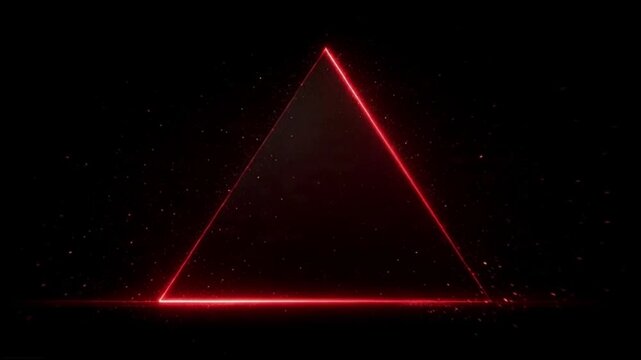 Glowing red triangle shape with neon light on black background with particles