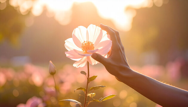 夕陽の中で花に優しく触れる手と美しい逆光の風景