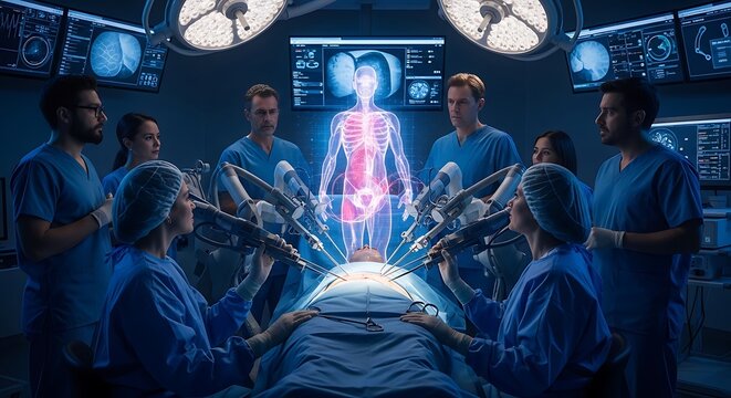 Team of surgeons in a modern operating room uses advanced holographic displays to guide a complex medical procedure.