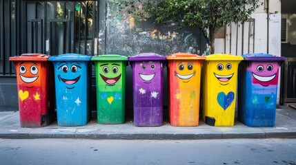 Obraz premium Painted trash bins with expressive faces and rainbow colors on urban street .