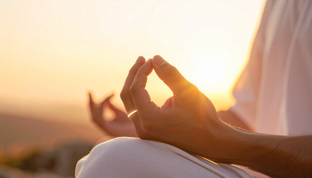 夕日の光の中で瞑想する人の手元 クローズアップ