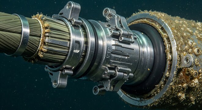 Detailed view of a robust subsea cable connector, showing intricate mechanical components and marine growth.