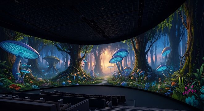 Magical forest scene at night, illuminated by giant, glowing blue mushrooms and dappled moonlight filtering through ancient trees.