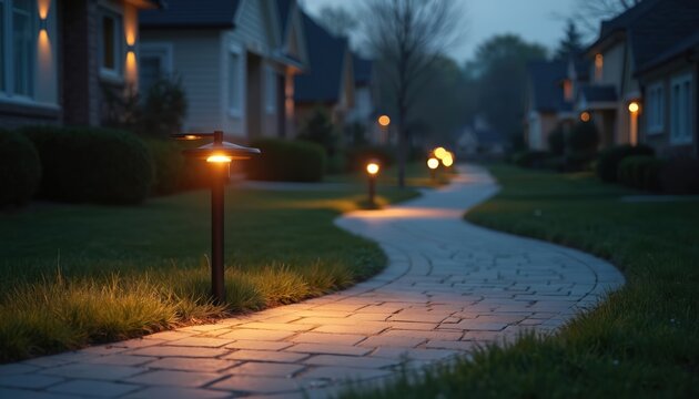 Winding paved garden path illuminated by modern bollard lights at dusk. Suburban neighborhood street lamps glow warmly on grass and homes. Peaceful evening scene with quiet residential architecture.