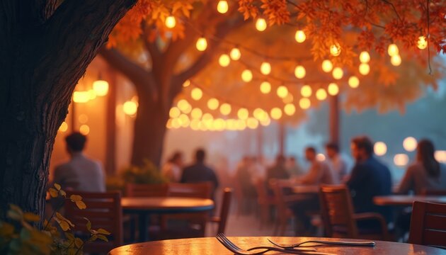 Outdoor cafe tables with warm string lights and autumn leaves overhead. People sit at tables in blurred background. Dusk creates cozy ambiance.