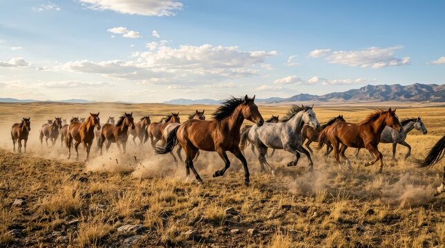 Wild mustangs thunder across the open prairie at sunset, manes flying and dust rising as they race together in a powerful display of freedom and raw energy

