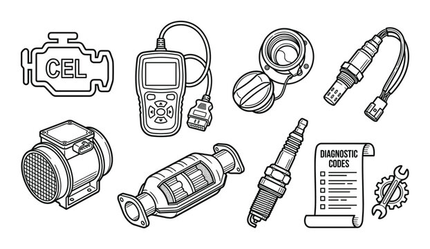 Automotive diagnostic tools and car parts icons for car repair and service including engine light scanner