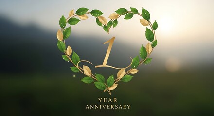 Obraz premium Golden anniversary logo with laurel wreath on natural landscape background