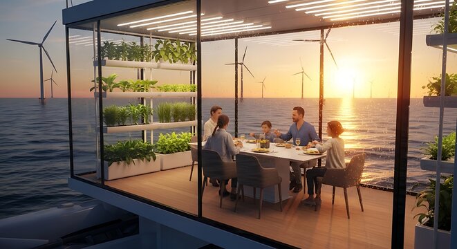 Family enjoys a meal inside a modern, glass-enclosed floating structure, showcasing vertical farming and sustainable living with wind turbines in the background at sunset.