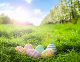 Fototapeta premium Colorful Easter eggs nestled in lush green grass with a bright sun shining through trees