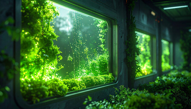 未来の宇宙船内にある植物栽培室と水耕栽培システム