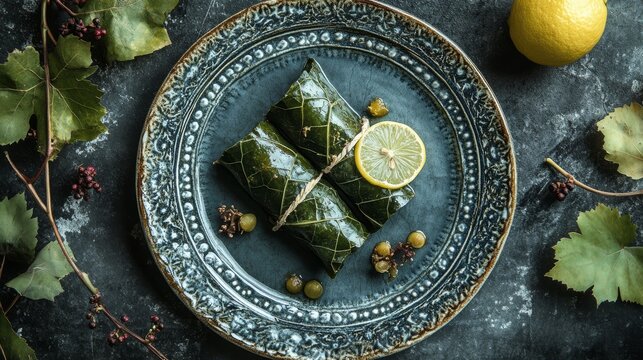 Stuffed grape leaves (dolma) with lemon slices on vintage plate .