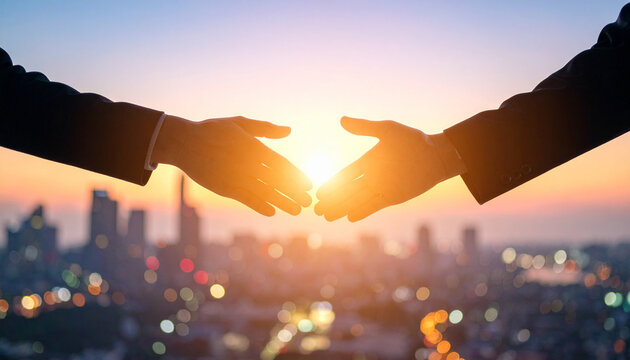 夕日を背景にしたビジネスマンの握手のシルエット、提携と成功のコンセプト
