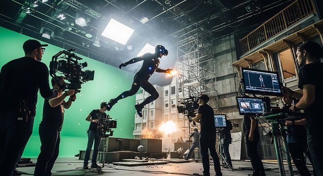 Dynamic scene on a film set with a motion capture actor jumping in mid-air, surrounded by cameras, crew, and a green screen backdrop.