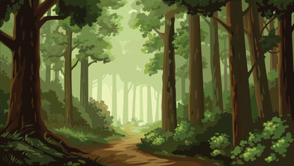 A sunlit path winds through a dense stylized forest landscape © PUNNABEGUM