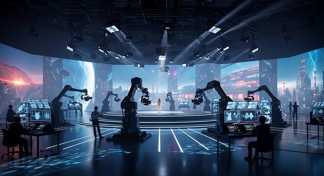 Futuristic factory floor illuminated by neon lights, featuring advanced robotic arms and multiple workstations.